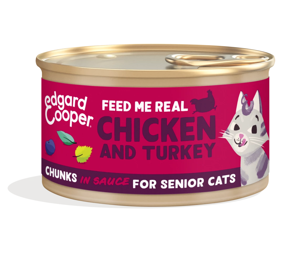 Edgard & Cooper Kattenvoer Senior Kip & Kalkoen Chunks 85 Gr 1 Edgard & Cooper Kattenvoer Senior Kip & Kalkoen Chunks 85 Gr